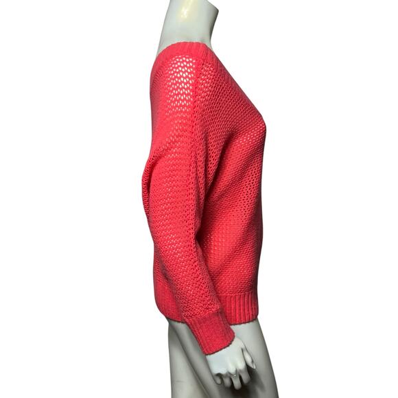 Express Pink Merino Wool Blend Mesh Knit V-Neck Sweater Open Weave 3/4 Sleeve - Picture 4 of 6